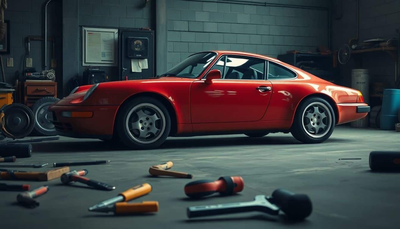 Een verouderde Nederlandse sportwagen staat geparkeerd in een donkere garage.