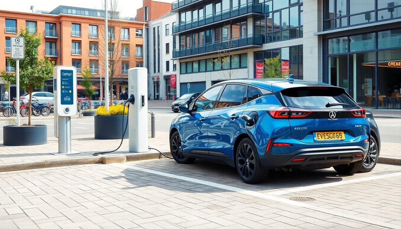 Een elektrische auto wordt opgeladen bij een moderne laadpaal in een Nederlandse stad.