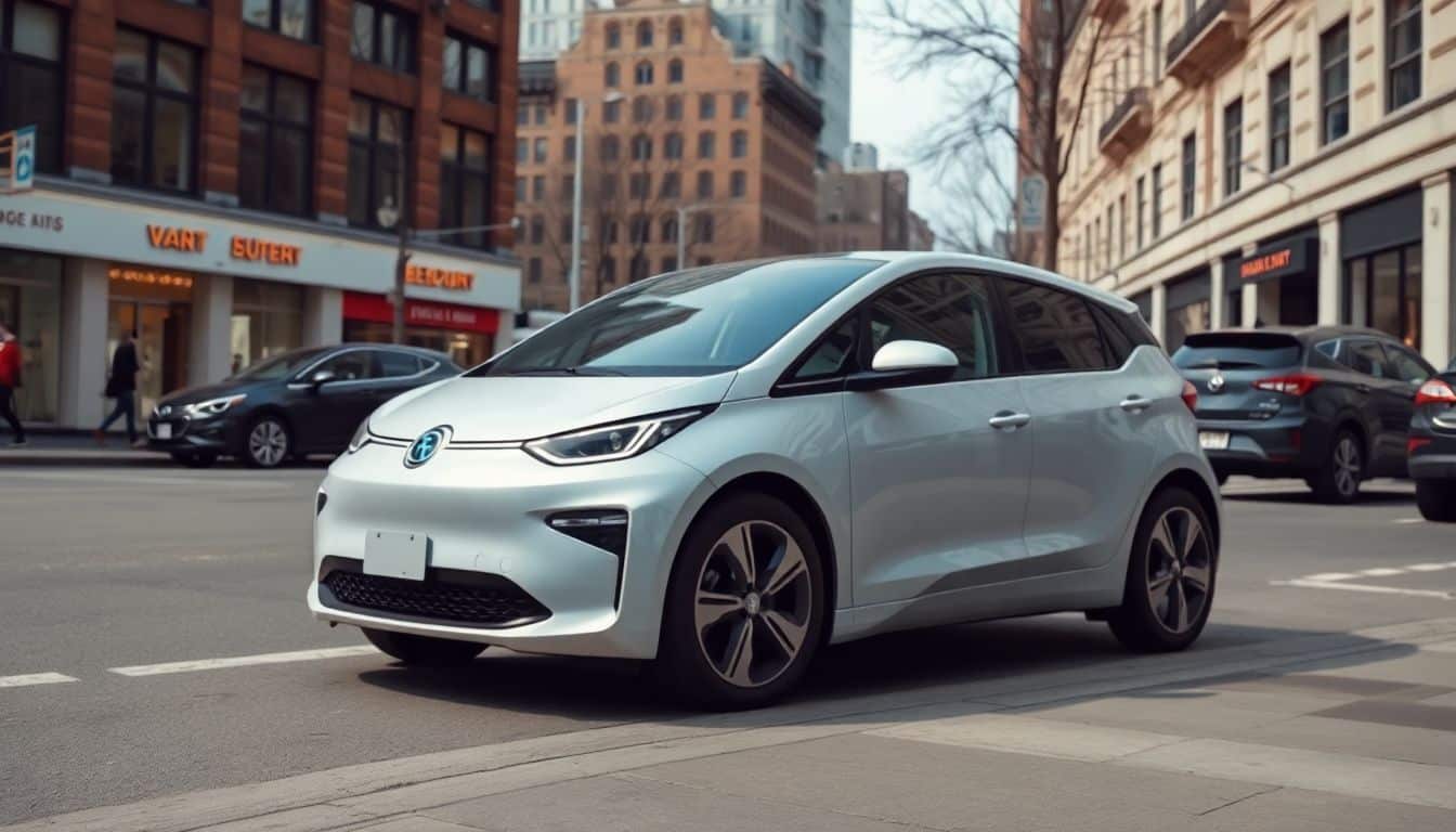 Een foto van een Ora elektrische auto geparkeerd in de stad.