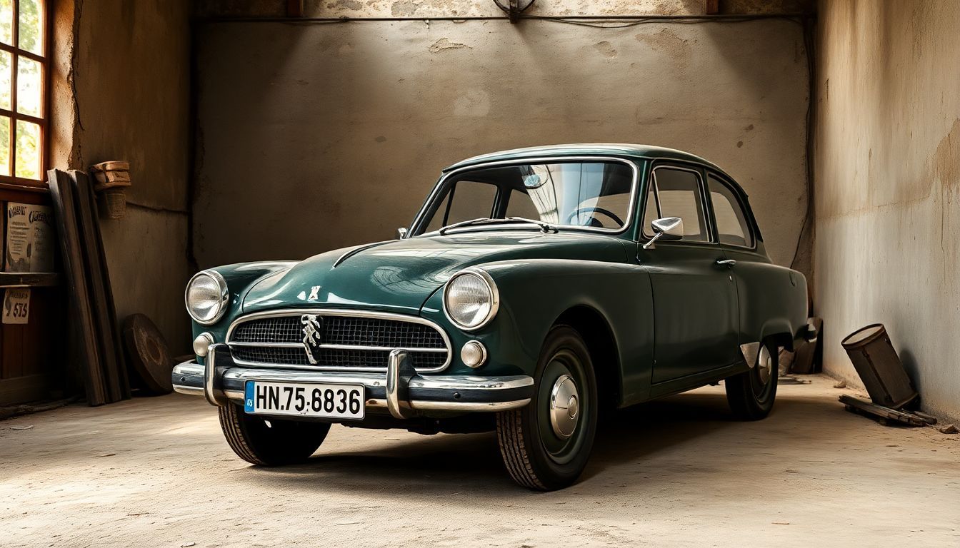 Een vintage Peugeot auto geparkeerd in een stoffige oude garage.