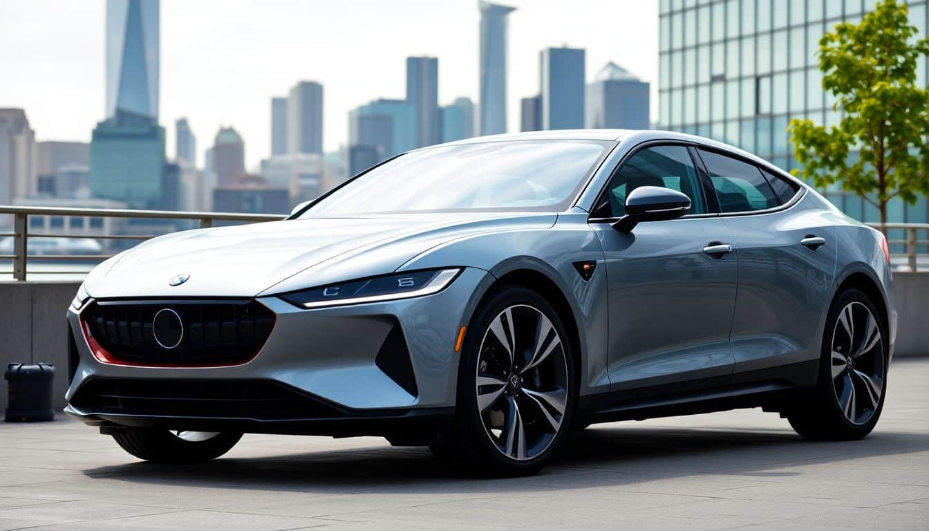 Een Polestar elektrische auto staat geparkeerd in een stedelijke omgeving.