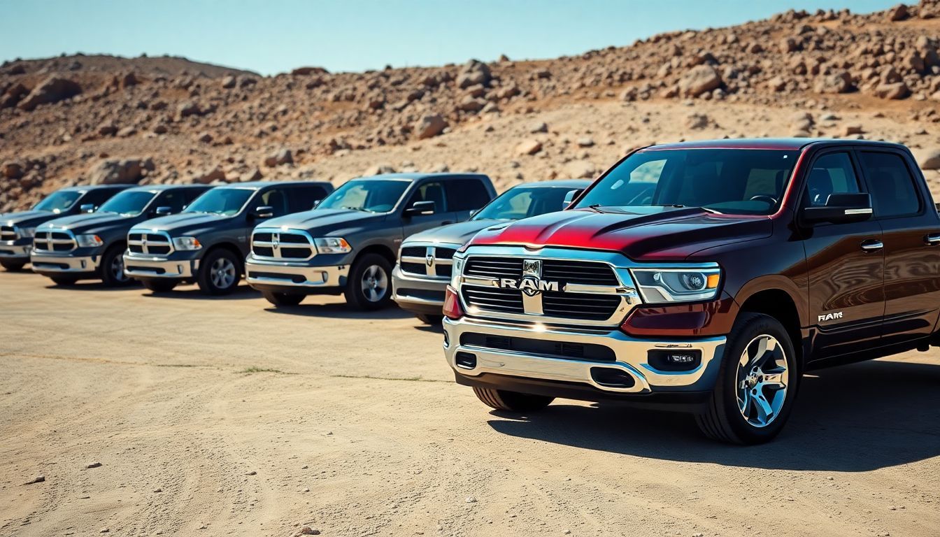 Een weergave van diverse RAM 1500 modellen tentoongesteld in een natuurlijke omgeving.