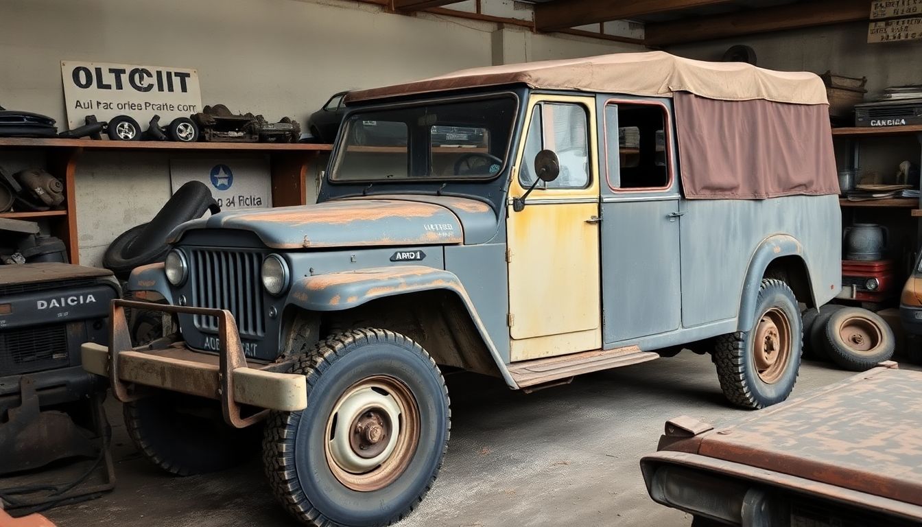Een verweerde ARO 24 off-road voertuig in Roemeense garage.