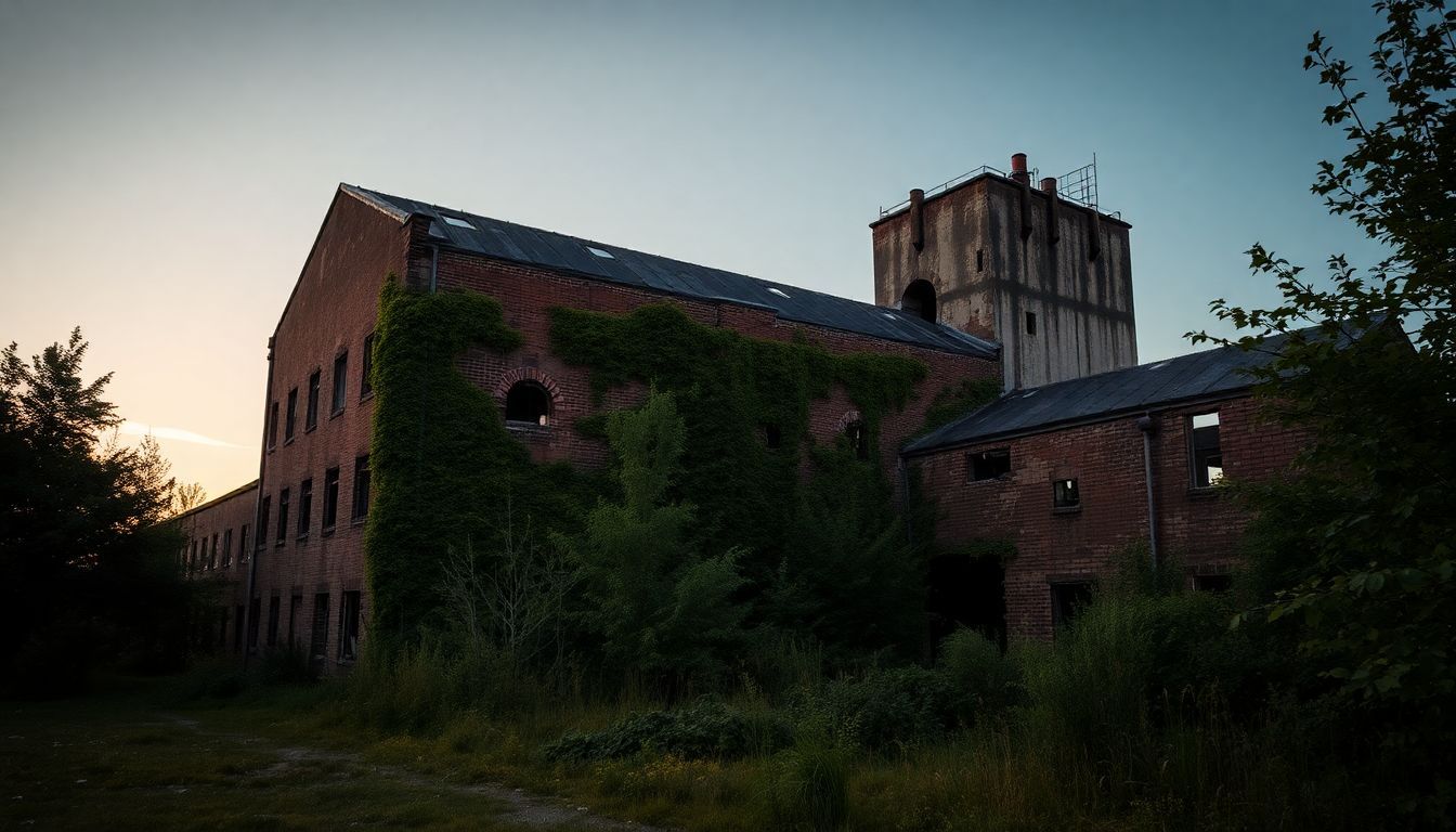 Een verlaten Russische autofabriek met overwoekerde muren bij schemering.