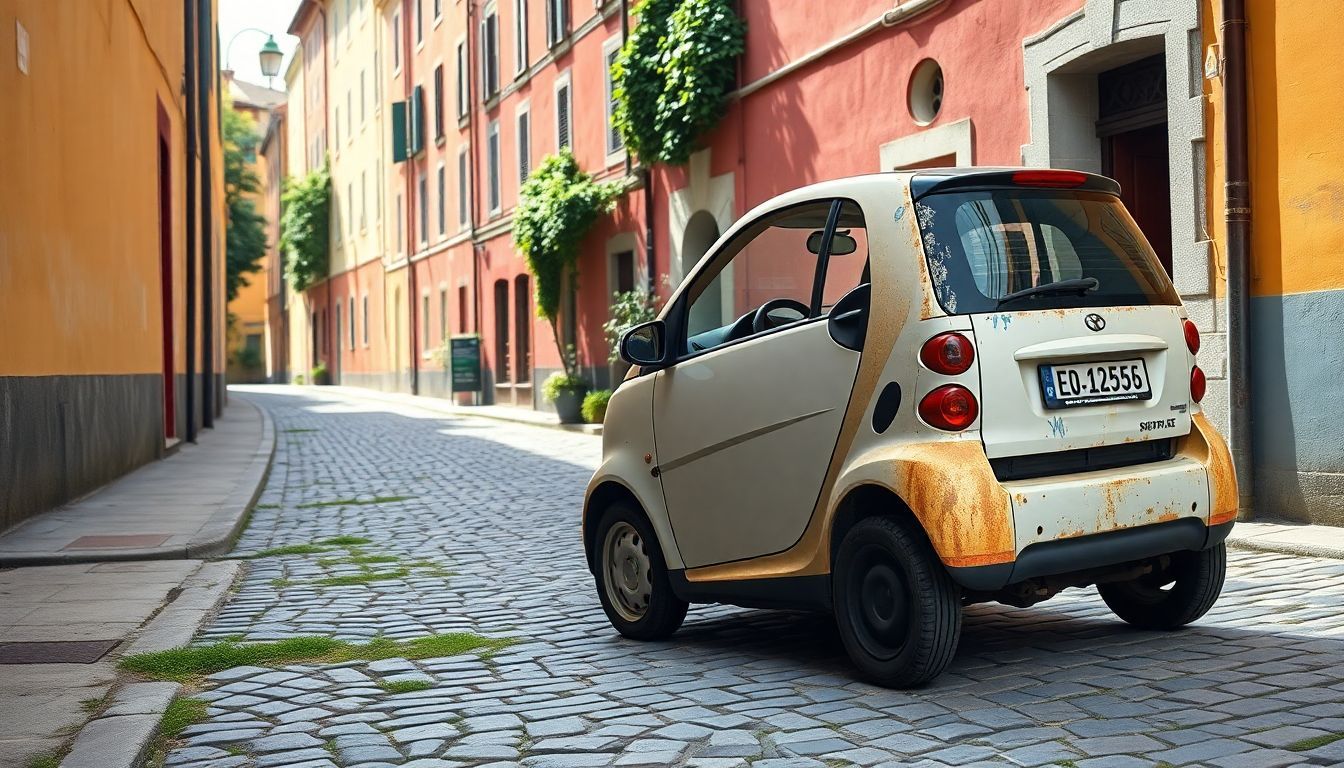 Een verweerde Smart fortwo geparkeerd in een historische Europese stad.