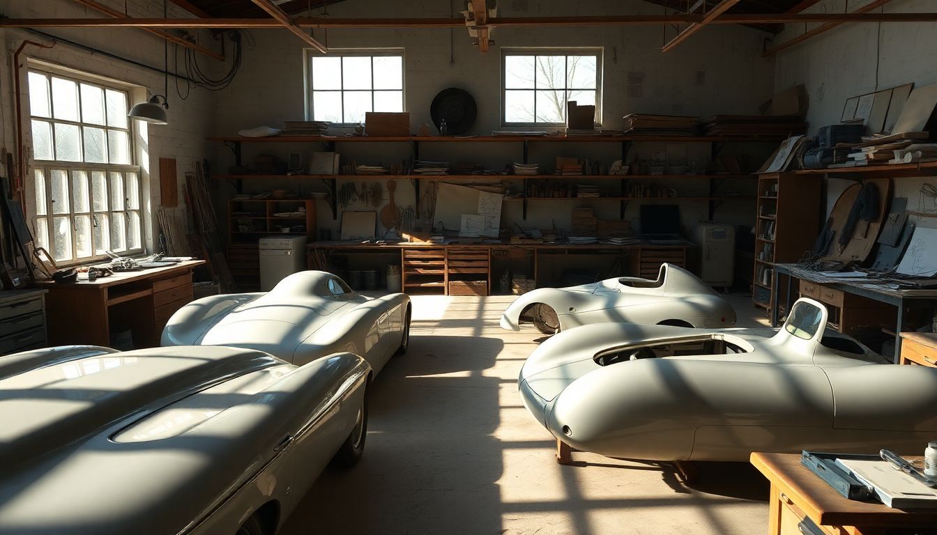 Een vintage werkplaats vol met gereedschap, schetsen en auto-prototypes van Spyker Cars in de jaren '90.