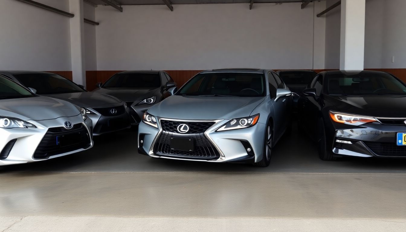 Een nette garage toont betrouwbare Japanse auto's van Toyota, Lexus en Honda.