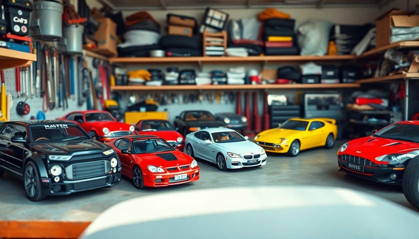 Een rommelige garage met modelauto's en gereedschap op een werkbank.