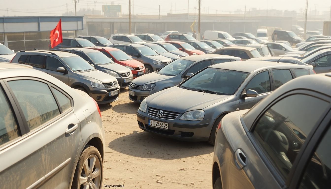 Een stoffige buitenmarkt vol met Turkse automerken en diverse voertuigen.