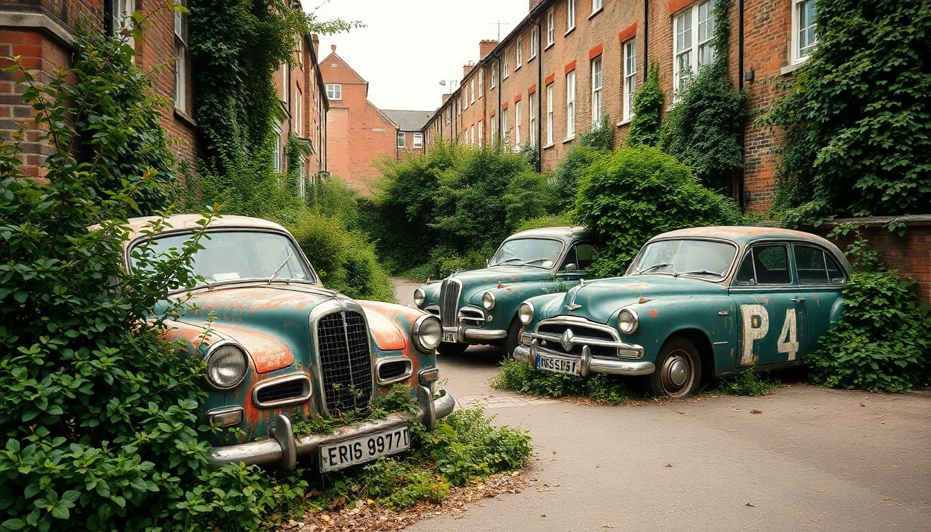 'Verlaten Britse auto's overwoekerd door groen in vintage straatbeeld.'