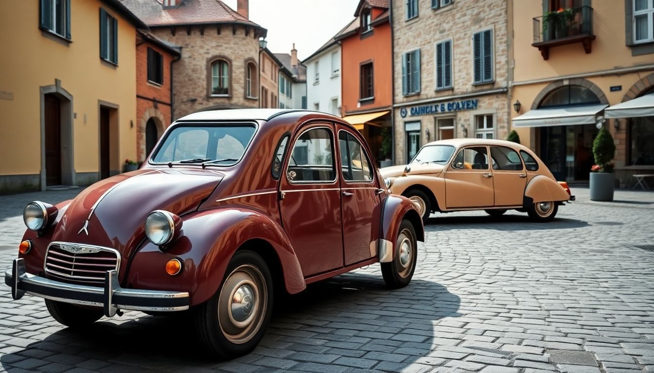 Een vintage Citroën 2CV en DS geparkeerd op een charmant dorpsplein.