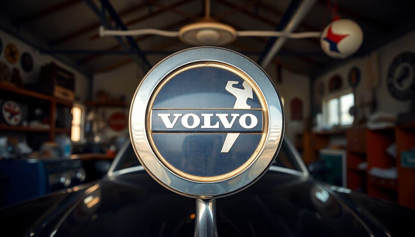 Een oude Volvo auto-embleem, omringd door vintage auto memorabilia.